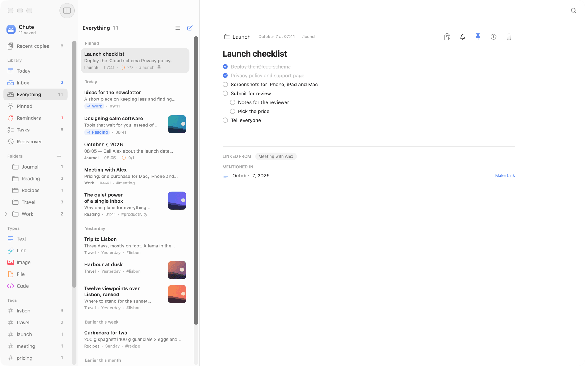 Chute on the Mac: folders and tags on the left, the list of notes, and a checklist open with the notes that link to it