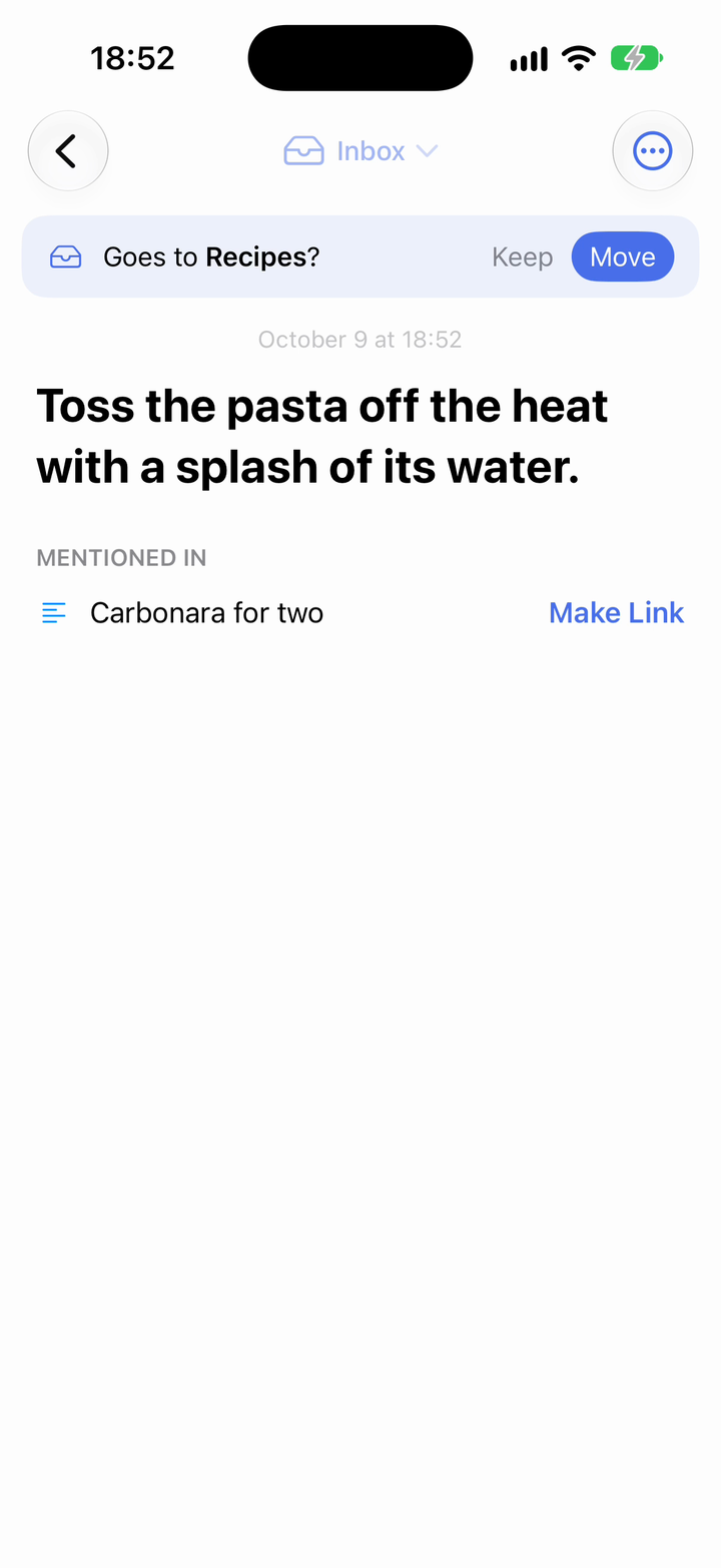 A kept note with the offer: Goes to Recipes?