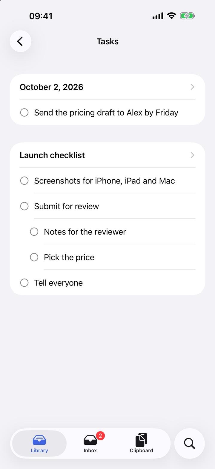 The Tasks list, each note under its folder