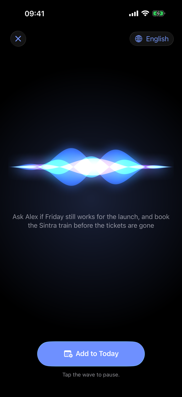 The listening screen: a wave, and the words heard
